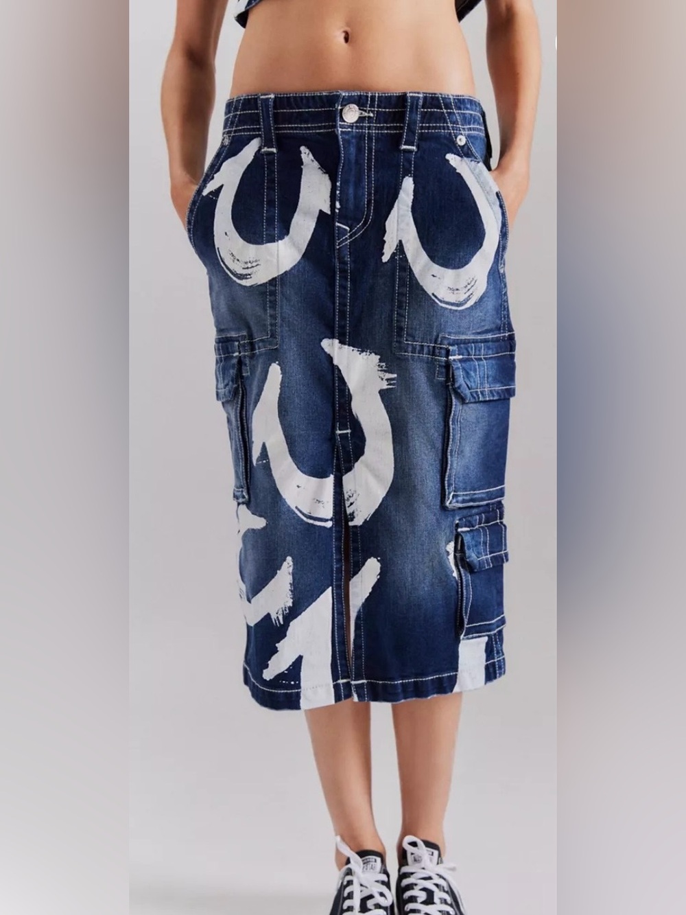 True Religion UO Exclusive Painted Horseshoe Denim Midi Skirt Size 28